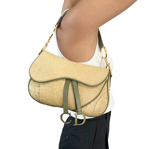 Dior Handbags - Christian Dior Vintage CD Logo Double Saddle Shoulder Bag Green Leather [103331]